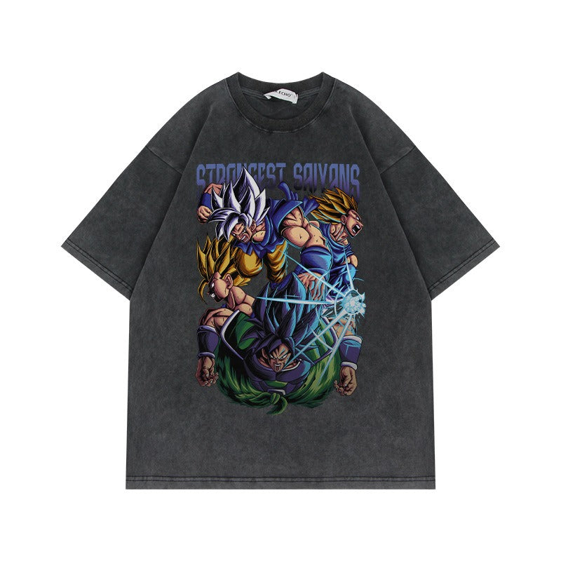 Heavyweight Washed Old Vintage Short Sleeve Pump Cover Dragon Ball Strongest Saiyans