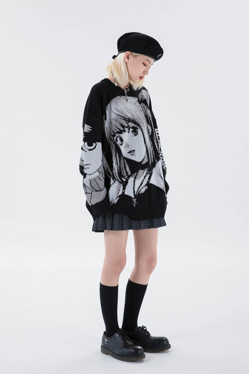 Mens Death Note Sweater Vintage Knitted Cotton Pullover